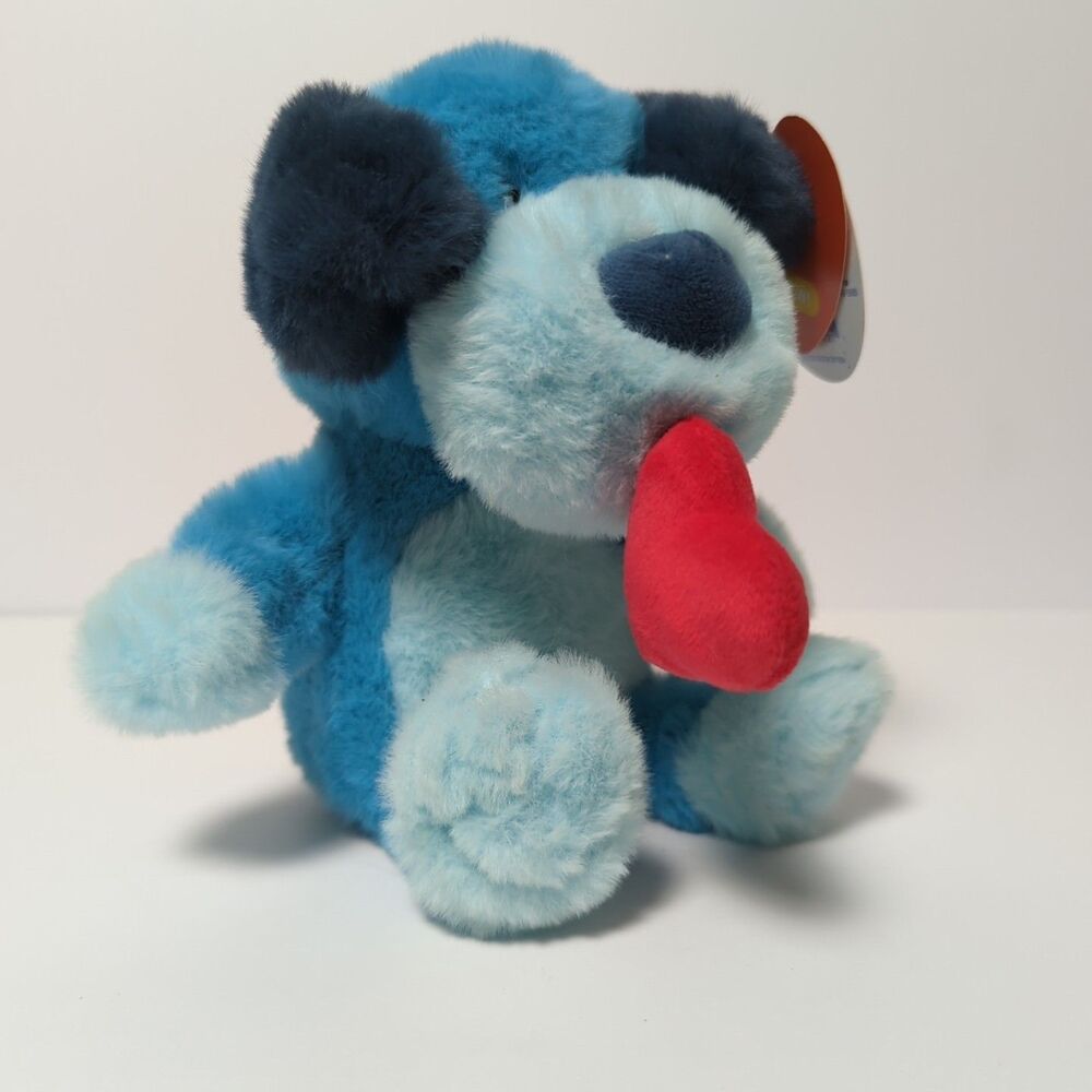 Blue Plush Dog With Red Heart In His Mouth Stuffed Animal - 7" NWT